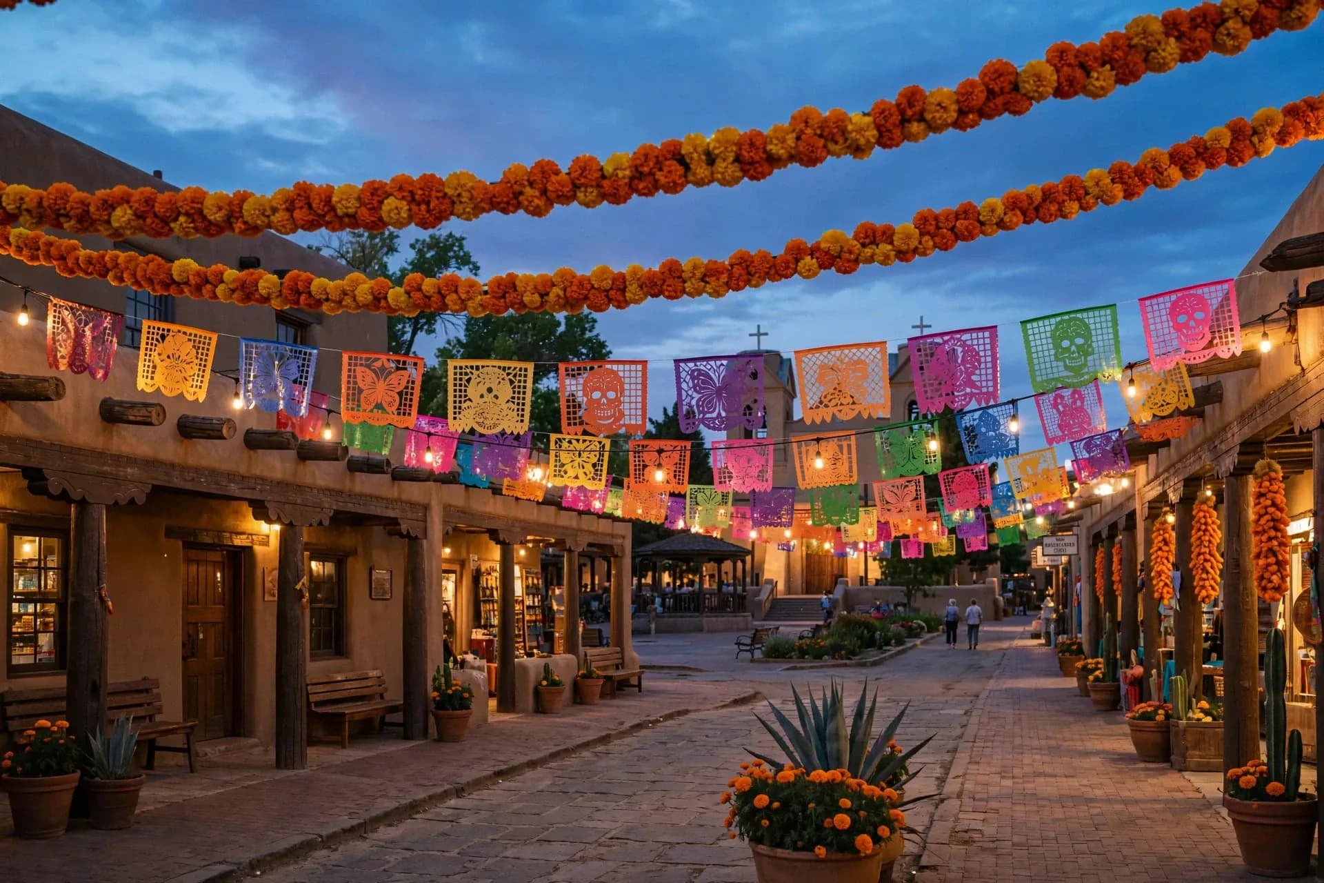Calle de adobe al atardecer con guirnaldas de cempasúchil y papel picado de colores para el Día de Muertos